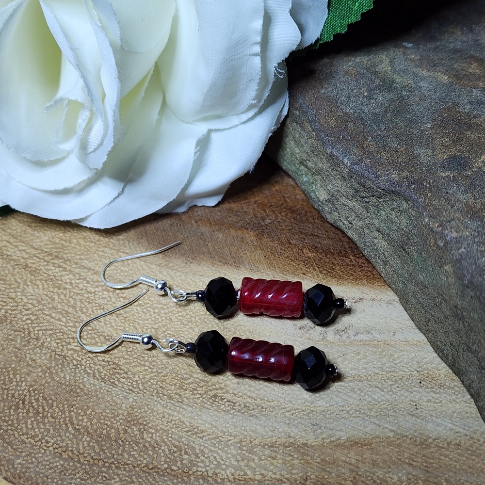Hand Crafted Dangle Drop Earrings With Red and Black Faceted Glass Beads